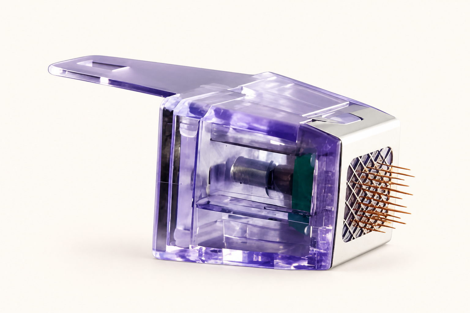 Close view of a transparent purple-gray cartridge component on a plain studio background.